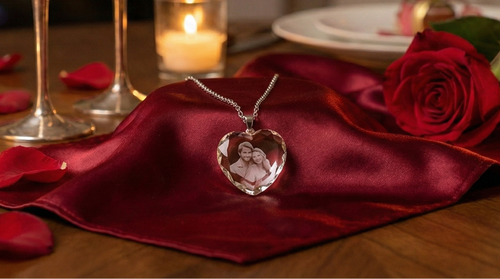 Romantic dinner setup with candles, wine glasses, and a rose on a table.