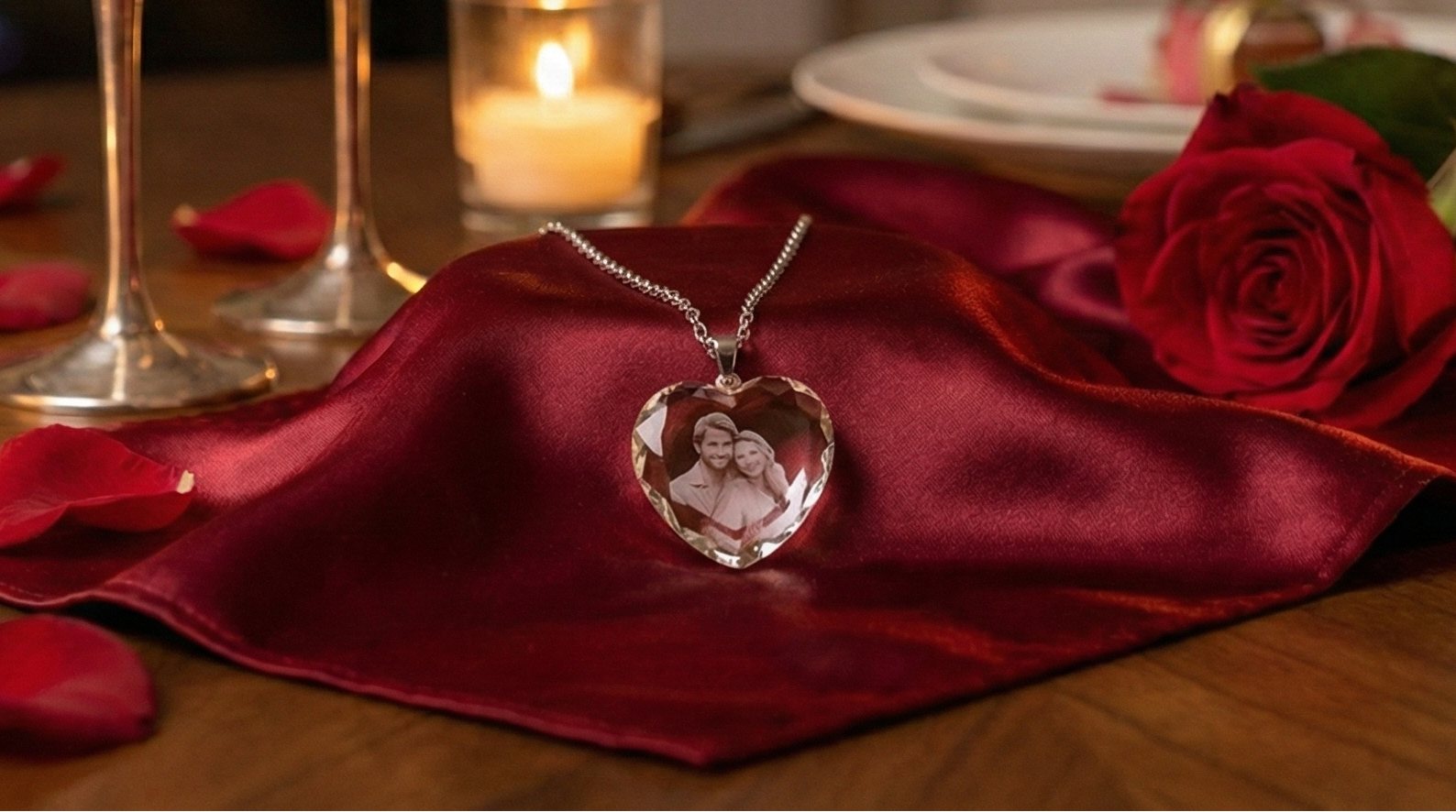 Romantic dinner setup with candles, wine glasses, and a rose on a table.