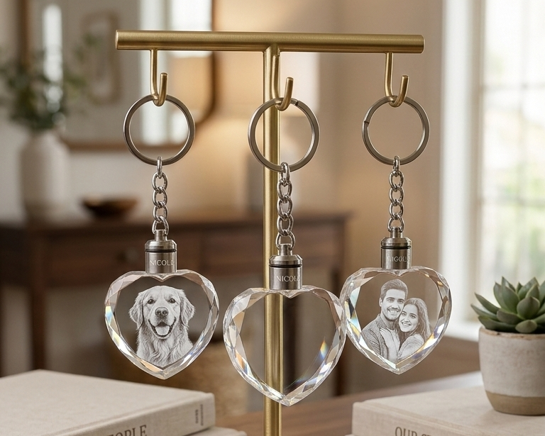 Decorative stand with heart-shaped crystal pendants on a wooden surface.