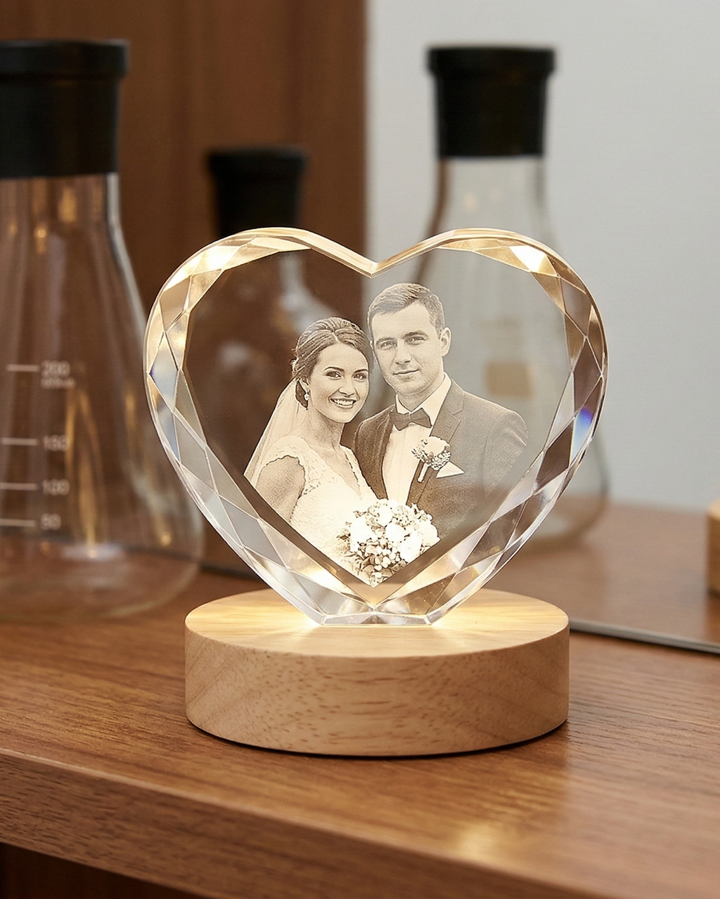 Heart-shaped crystal with a cutout of a couple on a wooden base, surrounded by glass jars.