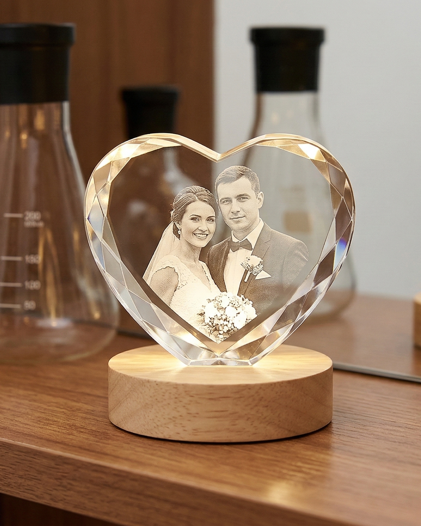 Heart-shaped crystal with a cutout of a couple on a wooden base, surrounded by glass jars.