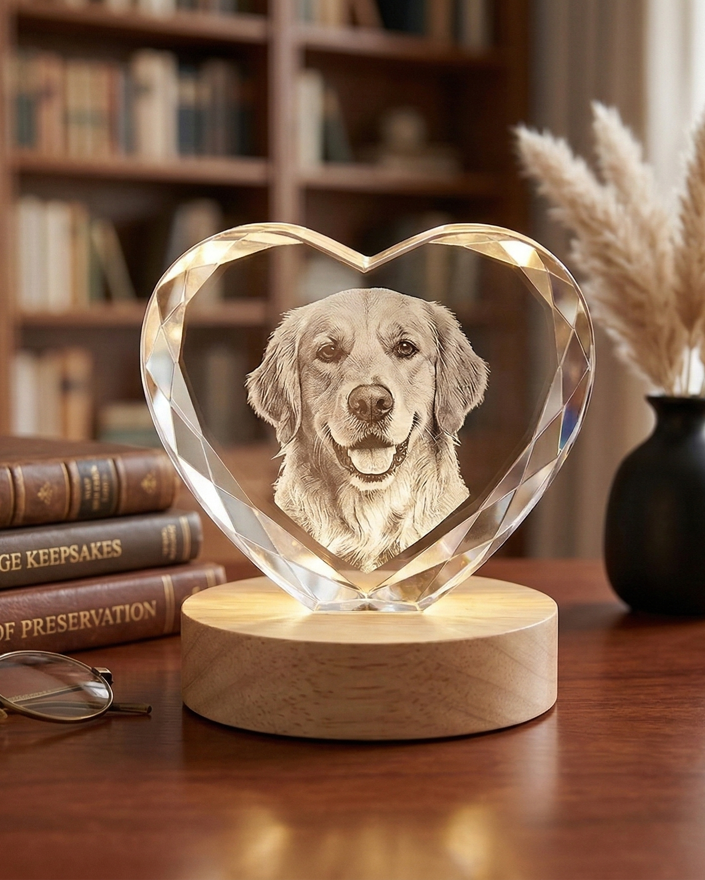 Heart-shaped crystal with engraved dog portrait on a wooden base, placed on a table with books and a vase in the background.